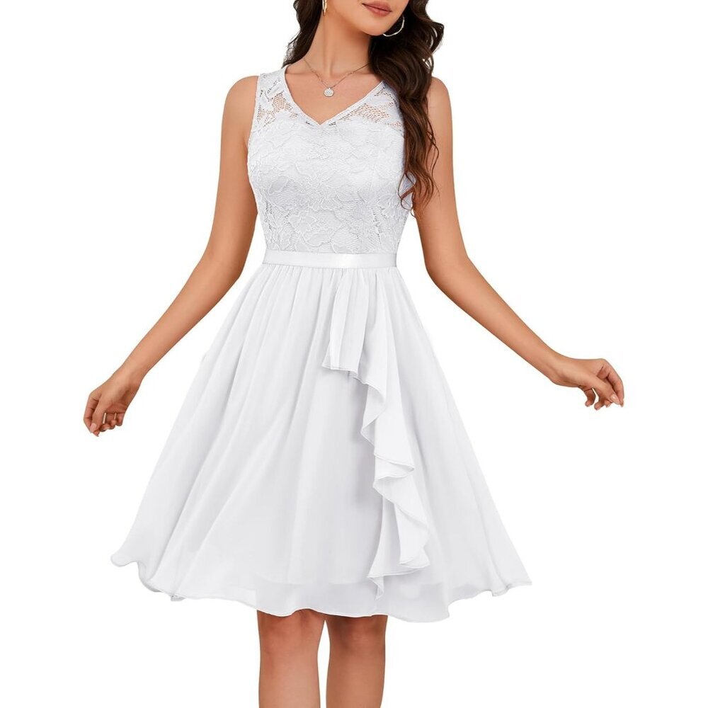 Women's White-lace Chiffon Handkerchief Hem Lace Fancy Prom Cocktail Party Dress